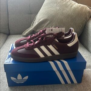 Adidas Maroon Samba Shoes with White Stripes